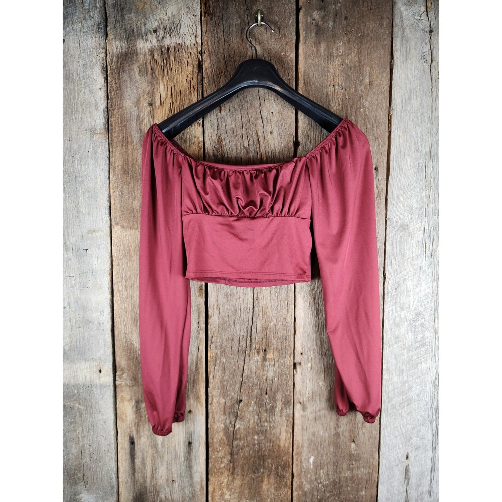 Live In The Moment Crop‎ Top Small Womens Burgundy Off Shoulder Ruched - Picture 3 of 4